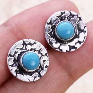 Blue Agate 925 Silver Plated Handmade Stud/Earrings of 0.5" Ethnic