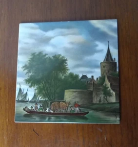 Villeroy Boch Vintage Pastural Farm Scene Ceramic 6X6 Tile/Trivet w/ Boat & Cows - Picture 1 of 5