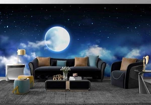 3D Mond Wolken Sternenhimmel Nacht Selbstklebend Abnehmbar Tapete Wandbild - Picture 1 of 11