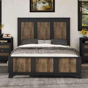 Farmhouse Platform Full Size Bed w Wooden Strip Stickers, Plywood Slats, Black - Picture 1 of 13