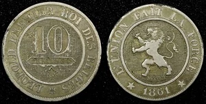 Belgium Leopold I Copper-nickel 1861 10 Centimes 1st Year Type KM# 22 (26 848) - Picture 1 of 3