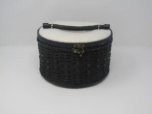 Sewing Box Basket Round Black Faux Wicker Pattern with Inner Pocket and Handle