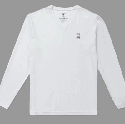 Camiseta Psycho Bunny Pima Algodón Cuello en V Manga Larga Blanca Para Hombre Talla 8 2XL Foto 1 de 4