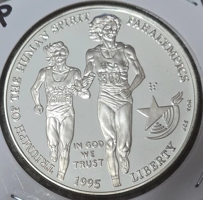 1995 P ATLANTA Paralympics Blind Runner SILVER PROOF DOLLAR Commemorative Coin - Image 1 of 2
