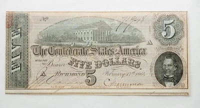 1864 $5 The Confederate States of America, Richmond, VA  No. 71948, Off Center - Image 1 of 4