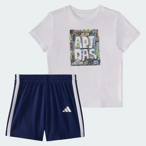 adidas kids Two-Piece Short Sleeve Graphic Cotton Tee and 3-Stripes Shorts Set - Picture 1 of 7