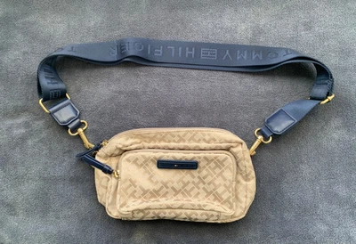 Tommy Hilfiger Beige Monogram Crossbody Bag Navy Strap TH Logo Purse Adjustable - Image 1 of 4