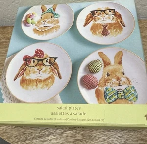 Pier 1 Imports Bunny 8" Mr & Mrs Salad Dessert Plates Set Of 4 bunnies NWB - Picture 1 of 12
