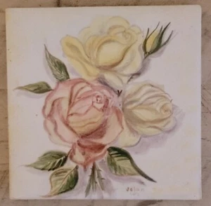 VINTAGE Fliese mit rosa/gelben ROSEN signiert von JOLAN - Bild 1 von 4