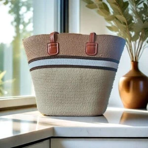 Stripe Woven Shoulder Bag Square Vacation Beach Bag Casual Tote Bag - Picture 1 of 19
