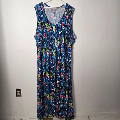 Woman Within Size 4X Pintucked Floral Midi Sleeveless Dress Evening Blue Poppy - Image 1 of 4