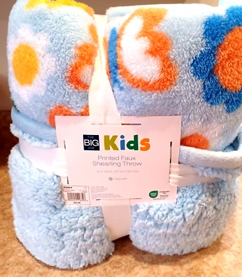 The Big One Kids Blue Faux Shearling Throw Blanket w/ Flowers/Butterflies 50x60" - Image 1 of 3