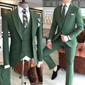 Green Men Suit Peak Lapel Slim Fit Business Party Prom Groom Tuxedo Wedding Suit - Picture 1 of 9