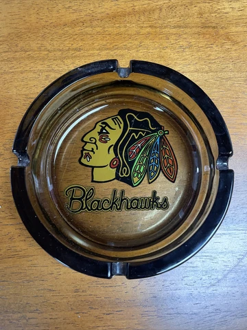 Vintage Chicago Blackhawks Ashtray Hockey Memorabilia Heavy Glass Cover