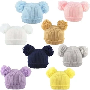 Baby Pom Pom Hat Beanie Cap Double Bobble Knitted Boy Girl NB, 0-3, 3-6, 6-12 - Picture 1 of 27