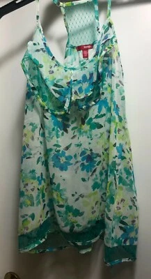 NWOT Bongo Junior Womens Tank Top Blue/green Floral Sheer Lace Ruffle Sleeveless - Image 1 of 4