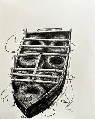 Bolígrafo y Tinta Dibujo Original de Balsa Fugitiva Cubana  Foto 1 de 3