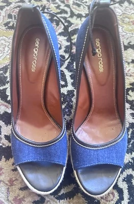 Zapatos Sergio Rossi Azul Denim Cuña Corbata al Tobillo Punta Abierta Talla 9/40 Foto 1 de 4
