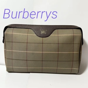 Burberrys Canvas Leather Check Clutch Bag Brown Used - Picture 1 of 12