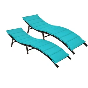 PE Wicker Folding Patio Outdoor Lounger Chair with Blue Double-Sided Cushion - Picture 1 of 9
