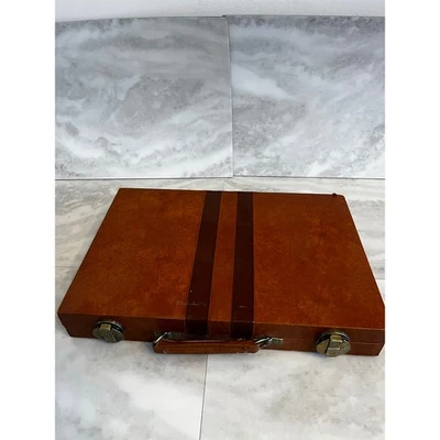 VTG Backgammon Set Brown & Saddle Faux Leather Brief Case Style 1 Missing Chip - Image 1 of 4