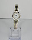 Womans White Dial Oval Silver Tone Case Two Tone Stainless Steel Stretch Watch