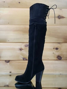 C & C Black Vegan Suede OTK Western Chunky Style 3.5" High Heel Boot  - Picture 1 of 7