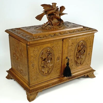 Antique Swiss Black Forest Hand Carved Wood Cigar Cabinet Box, Birds - Image 1 of 4