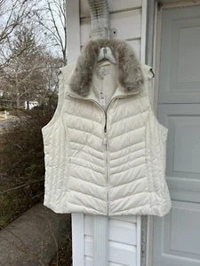 NWT Talbots Cozy Cream Optional Faux Fur Collar Down Puffer Vest Zip Pockets 1X - Picture 1 of 6