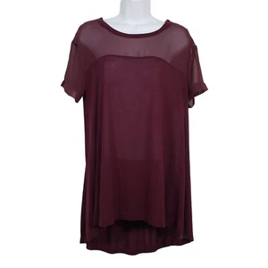 Leith Womens Sheer Yoke Short Sleeve Hi-Lo Flowy Tunic Over Top Burgundy Size S - Picture 1 of 9
