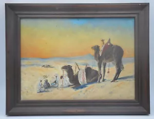 Ancienne peinture huile s bois, orientaliste bédouin dromadaire désert non signé - Imagen 1 de 9