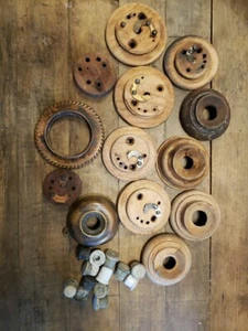  Antique Vintage  Round Wood  Brass Antique Doorbell  Button Electric Parts ONlY - Picture 1 of 6