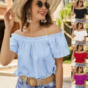 Summer Ladies Frill Off The Shoulder Bardot Tee Shirts Loose Holiday Tops Blouse - Picture 1 of 24