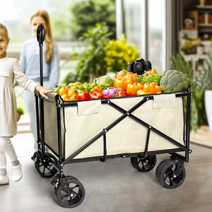 Folding Beach Wagon 440lbs Camping Grocery Utility Cart w/ Side Pocket&Brakes - Picture 1 of 18