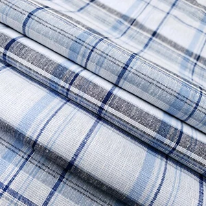 Cotton Linen Tartan Plaid Fabric White Navy-Blu Summer Shirting 58" BTY - Picture 1 of 9