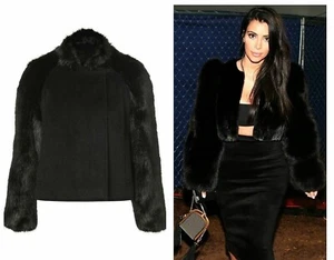 TOPSHOP PREMIUM SHORT BLACK ANGORA MOHAIR WOOL JACKET FAUX FUR SLEEVE new - Picture 1 of 6