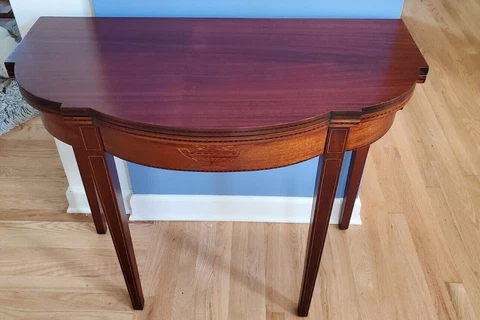 Inlaid Mahogany Flip Top Game Table Charak Furniture Boston, MA  Sheraton Style Cover