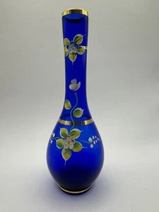 Vintage Bohemian Cobalt Blue Glass Bud Vase Hand Painted Flowers Gold Detail - Picture 1 of 6