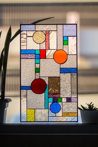Tiffany Style Stained Glass Window Panel FLW Frank Lloyd Inspired Geometric Cover