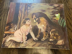 Oil painting girl with her pet dog on canvas J. Ragosta 1971 Dog Cat - Picture 1 of 4