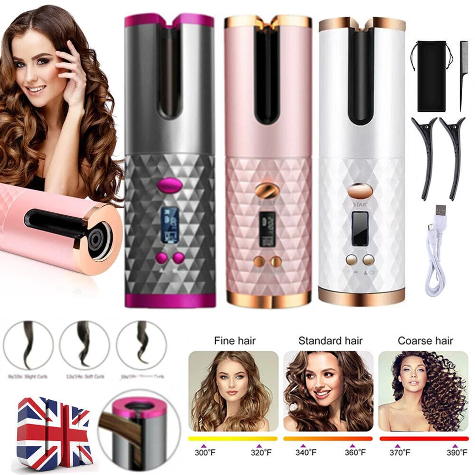 Automatic Hair Curler Cordless Waver Wireless Rotating Ceramic Curling Styler UK