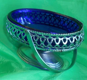 Cobalt Blue Glass Salt Bowl & Silver Metal Basket Seller Pickle Candy Sugar Tray - Picture 1 of 7