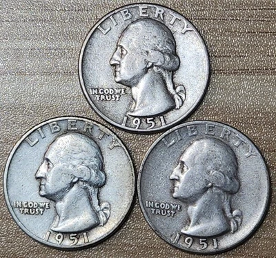 1951 P D S Silver Quarters, 3 coin lot - 90% Silver, Perfect 4 Albums, Q51-3 - Image 1 of 2