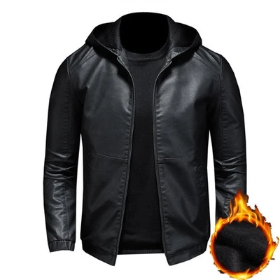 Men's PU Leather Coat Fleece Jacket Zip Up Slim Biker Motorcycle Jacket Outwear - Image 1 of 4