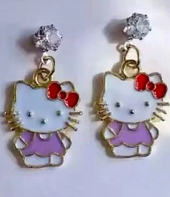 Hello Kitty Cat Red Bow Purple Crystal Kitty Cat Dangle Earrings NWOT - Image 1 of 4