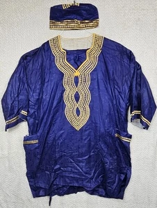 Dashiki Mens Top Pant 3 Pieces Outfit African Embroidered Top Cap Pants - Picture 1 of 22
