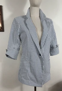 Blazer Renaur a Rayas Mujer Mediano Seersucker Azul Blanco Chaqueta Costera Informal - Imagen 1 de 16