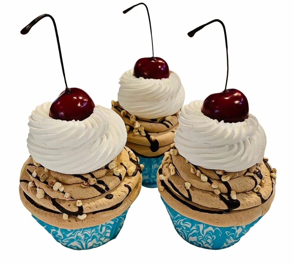 DEZICAKES Fake Cupcakes & Cake Artificial Food Set of 3 Choco Cherry Cupcak