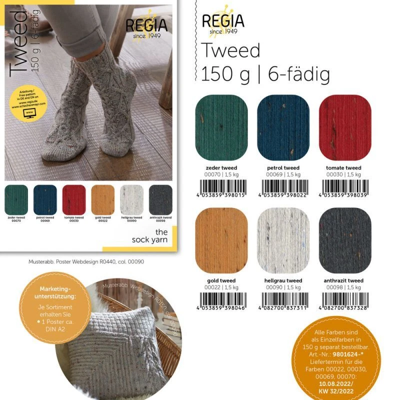 REGIA-Tweed 6-fädig-uni-Sockenwolle-Trachtenmode-150g-LL 375m-(7,97€-8,33€100g) - Bild 1 von 3