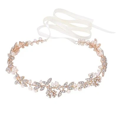 Bridal Headbands Crystal Pearl Hair Vines Bohemian Style Wedding Rose Gold - Image 1 of 4